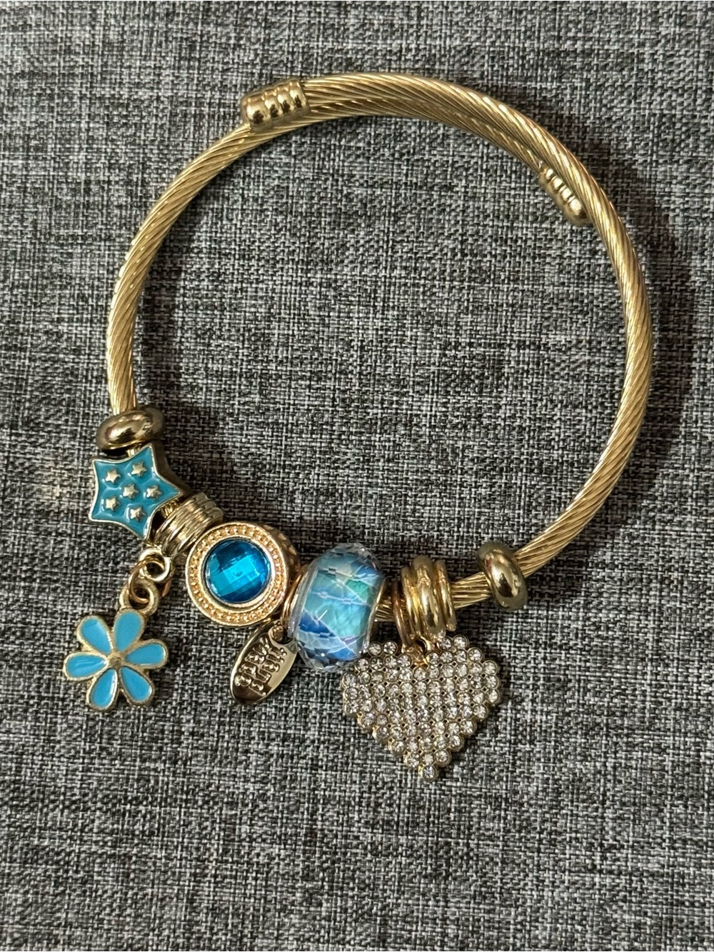 Gold-Tone Blue Charm Bangle Bracelet with Crystal Heart